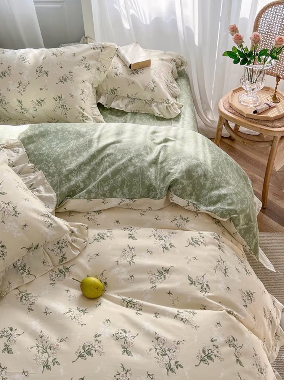 Mixinni Floral Comforter 3 Piece Set Queen S ReversibleRuffledLace Duvet Cover